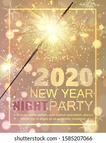 2020 happy new year banner, poster, holiday light gold, pink background. Celebrate night party, sparkler little golden fireworks. Merry Christmas holiday design, decor. Vector illustration.