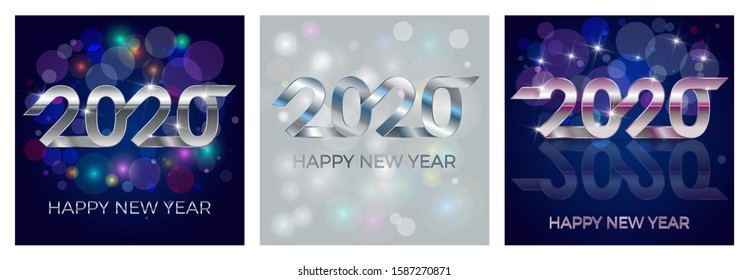 2020 Happy New Year. Banner invitation, party poster glittering stars confetti glitter decoration. Winter holiday greeting card design template with gold text Happy New Year 2020. Vector Illustration.