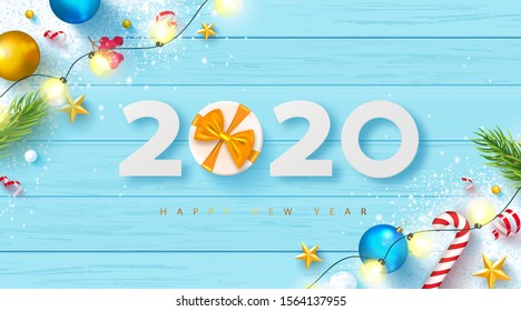 2020 Happy New Year banner.Holiday background with fir twigs,Christmas balls,snow,stars,gift box, garland and confetti.Vector illustration for website , posters, ads, coupons, promotional material
