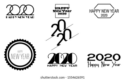 2020 Happy New Year Banners Set. Black Typography Isolated on White Background, Winter Holidays Greeting Tags, Poster, Calendar Design. Vector Illustration EPS 10