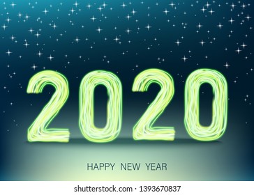 2020 happy New Year black background with golden gift bow and glittering  gold spruce branch. Christmas decoration with glowing neon number. Vector winter holiday greeting card template.