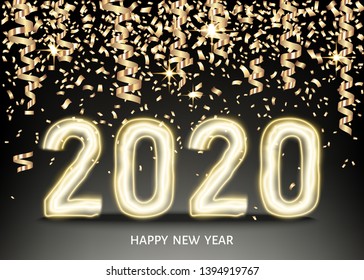 2020 happy New Year black background with glittering  gold ribbon and confetti. Christmas decoration with glowing neon golden number. Vector winter holiday greeting card template.