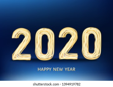 2020 happy New Year black background with golden gift bow and glittering  gold spruce branch. Christmas decoration with glowing neon number. Vector winter holiday greeting card template.