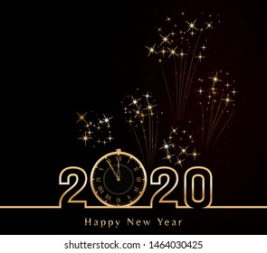 2020 Happy New Year black background with golden numbers, vintage clock and fireworks. End of the year. Holiday banner, poster, greeting card or invitation template. Copy space