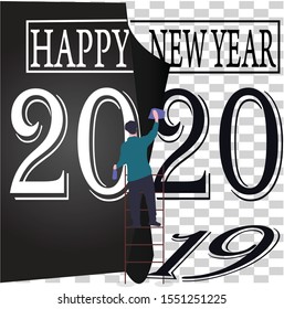 2020 Happy New Year Black Promotion Poster or banner with open gift wrap paper. Change or open to new year 2020 concept.Promotion and shopping template for New Year.Vector EPS 10