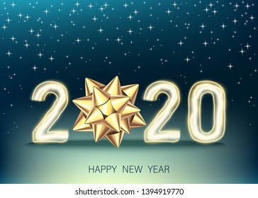 2020 happy New Year blue background with golden gift bow. Christmas decoration with glowing neon gold number. Vector winter holiday greeting card template.