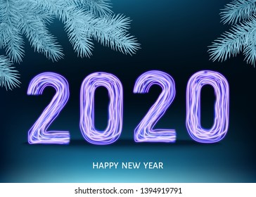 2020 happy New Year blue background with spruce branch. Christmas decoration with glowing neon violet number. Vector winter holiday greeting card template.