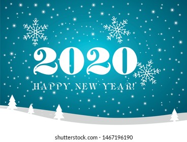 2020 Happy New Year blue gradient  background with white stars, firs and snowflakes for your Seasonal Flyers and Greetings Card or Christmas.