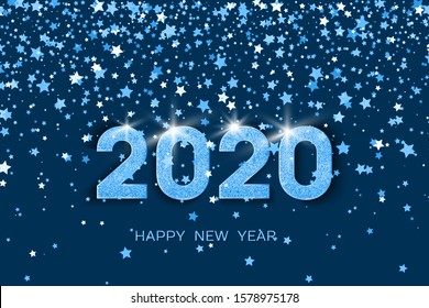 2020 Happy New Year. Blue numbers and stars on dark blue background. New Year 2020 greeting card. Vector illustration.