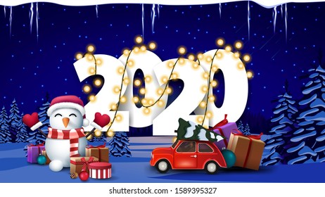 2020, Happy New Year, blue postcard with large volumetric numbers wrepped with garland, icicles, snowman in Santa Claus hat with gifts and winter landscape