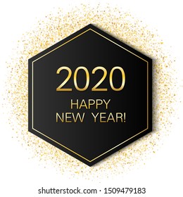 2020 Happy New Year card with gold glitter luxurious shining confetti background. Geometric hexagon frame with glittering gold sparkle tinsels. New Year premium vector template.