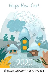 2020 Happy New Year card with winter landscape and house. Christmas greeting card with cozy village home. New Year congratulations. Winter landscape with mountain and house. 2020 lettering