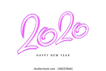 2020 happy new year card, banner. Creative holiday poster. Hand drawn design pink colour pencils numbers. Handwritten modern brush lettering background isolated vector. Style neo-geometric