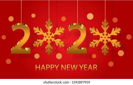 2020 Happy New Year card or banner with gold numbers and snowflakes over red background