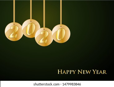 2020 Happy New Year celebrate card with holiday greetings, vector golden hanging text
