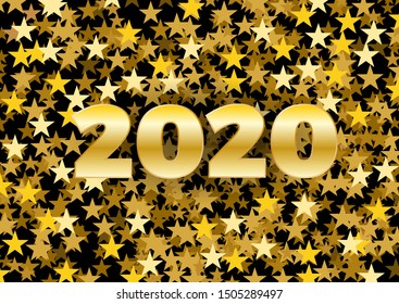 2020 Happy New Year celebrate card with holiday greetings and golden stars