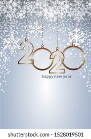 2020 Happy New Year celebrate card with holiday greetings, vector golden hanging text, blue background 