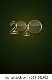 2020 Happy New Year celebrate card with holiday greetings, vector golden text, green background 