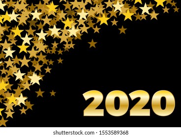 2020 Happy New Year celebrate card with holiday greetings and golden stars on black background