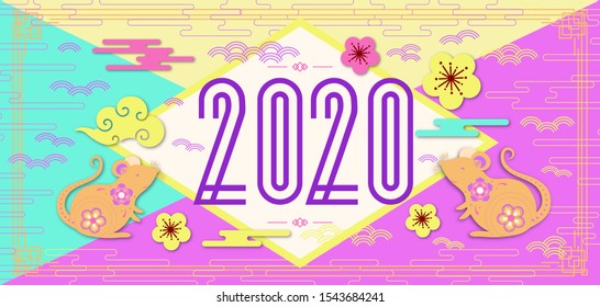 2020 Happy New Year celebration banner concept with rat, clouds, flowers color style on colourful background for holiday banner, poster, flyer, decor. Paper Flat style design. Vector 10 eps