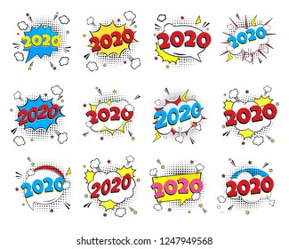 2020 happy new year christmas comic pop art speech bubble set vector illustration. Colorful pop art style sound effect. Halftone, vintage comic sound effects isolated on white background.