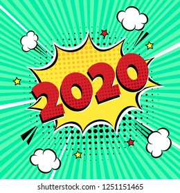 2020 happy new year christmas comic pop art speech bubble vector illustration. Colorful pop art style sound effect. Halftone, vintage comic sound effects isolated on rays background.