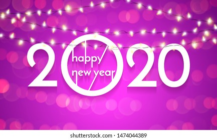 2020 Happy New Year of Christmas lights lamps. Vector golden glittering text with sparkle shine for 2020 new year holiday greeting card on pink background