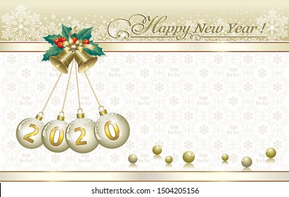 2020 Happy New Year with Christmas balls and bells on background of snowflakes for greeting cards, banner, website. Vector illustration