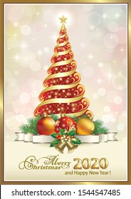 2020 Happy New Year. Christmas tree with balls and bells on multi-colored delicate background. Vector illustration