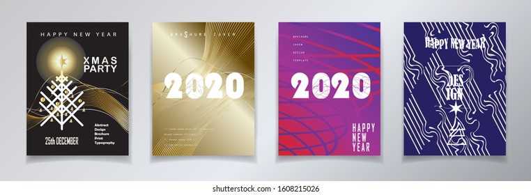 2020 Happy New Year  Christmas Modern Invitations, brochure cover, cards design set vector layout, geomrtric dynamic shapes fluid, hipster, gold, purple blue gradient, foil glitter texture background
