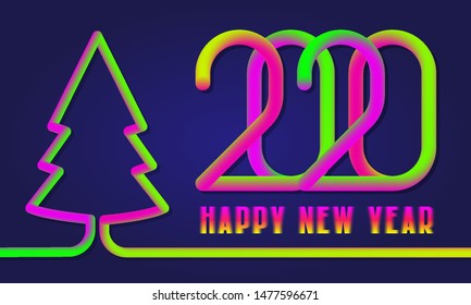 2020 Happy New Year colorful inscription lettering with fluid colors christmas tree silhouette. Holiday greeting card design.