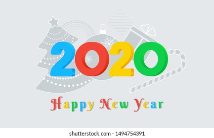 2020 Happy New Year colorful text design with color 3d numbers on grey background with christmas tree, ball, gift box and candy cane. Holiday banner, poster, new year greeting card template. 