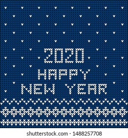 2020 and happy new year concept. Knitwear design in blue color with ornament lines and snow falling.