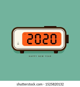 2020 Happy new year concept decorative with vintage digital alarm clock. Graphic design element can be used for greeting card, postcard, poster, banner, brochure, publication, vector illustration