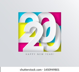 2020 Happy New Year, creative date design, white volumetric numbers on a colored geometric background in a frame, vector illustration EPS 10