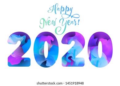 2020 Happy New Year Creative Print Template. Abstract Trendy Fluid Gradient Text 2020 with Liquid Purple and Blue Shapes. Happy New Year Banner or Greeting Card Layout Vector Template.