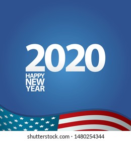 2020 Happy new year creative design background or greeting card. 2020 new year numbers on blue background witb usa flag