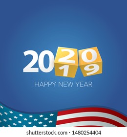 2020 Happy new year creative design background or greeting card. 2020 new year numbers on blue background witb usa flag