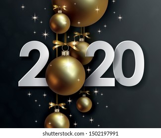 2020 Happy New Year, creative date design. White volumetric numbers with 3d golden christmas balls hanging on ribbons on black background. Vector illustration EPS10