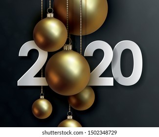 2020 Happy New Year, creative date design. White volumetric numbers with 3d golden christmas balls hanging on gold chains on black background. Vector illustration EPS10