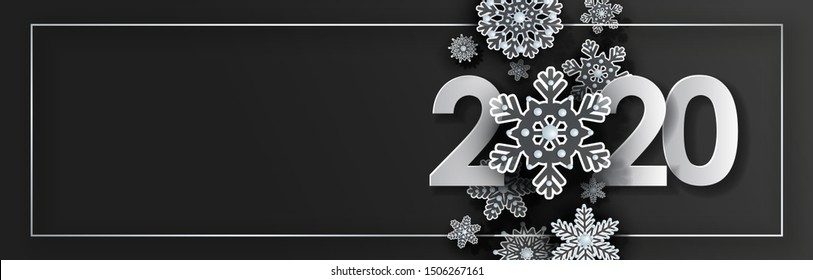 2020 Happy New Year, creative date design. White volumetric numbers with 3d silver openwork snowflakes on black background with place for text. Vector horizontal illustration EPS10