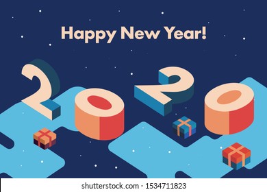 2020 Happy New Year. Creative Greeting Card with inscription Happy New Year and Geometric Isometric Numbers 2020. Gift Box Snowflakes. Hipster Color Vector Illustration. Holiday Poster Design.