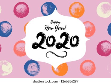 2020 Happy New Year Cute greeting card on hand drawn dotted background. Grungy childish Holidays banner, sticker, tag, ink wallpaper. Vector illustration EPS 10 file.