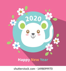 2020 happy new year with cute cartoon white mouse on flower frame.