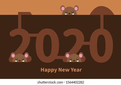 2020 happy new year with cute cartoon white groundhog.