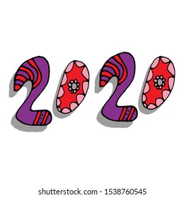 2020. Happy new year date number. Illustration isolated on white background. Hand drawn letters. Inscription for prints, postcards, posters, socials, banners, stickers and seasonal design.