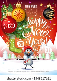 2020 Happy New Year  decoration of a poster card and a merry Christmas holiday background with symbol of 2020 year Metal Rat, garlands, tree branches, snowflakes and Christmas tree.