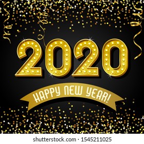 2020 Happy New Year design with vintage gold light bulb letters, glitter, confetti and streamers.