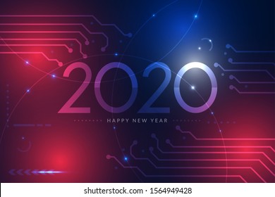 2020. Happy new year 2020 design with futuristic technology background. 