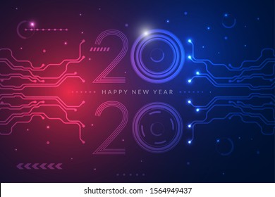 2020. Happy new year 2020 design with futuristic technology background. 